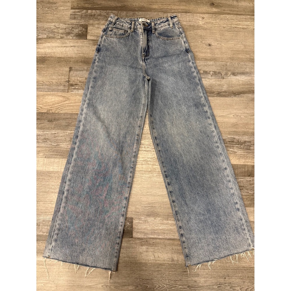 WeWoreWhat Womens High Rise Wide Leg Raw Hem Jeans Light Wash Size 25